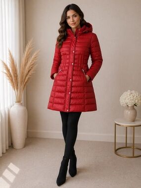 Guess Red Long Puffer Coat With Hood NWT Winter Jacket Size Large